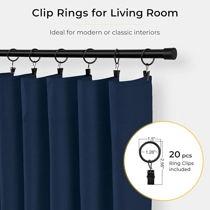 INOVADAY 100% Blackout Curtains for Bedroom, Black Out Curtains 80 Inch Long, Clip Rings Linen Blackout Drapes, Thermal Insulated Room Darkening for Living Room, 2 Panels - Midnight Blue, W50xL80