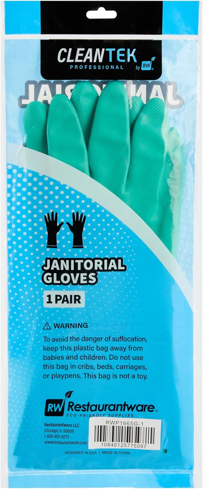 Clean Tek Professional 15 Mil Medium Cleaning Gloves, 1 Pair Of Long Cuff Gloves - Flock Lining, No-Powder, Green Nitrile Chemical Tolerant Gloves, No-Latex, Heavy-Duty Tasks