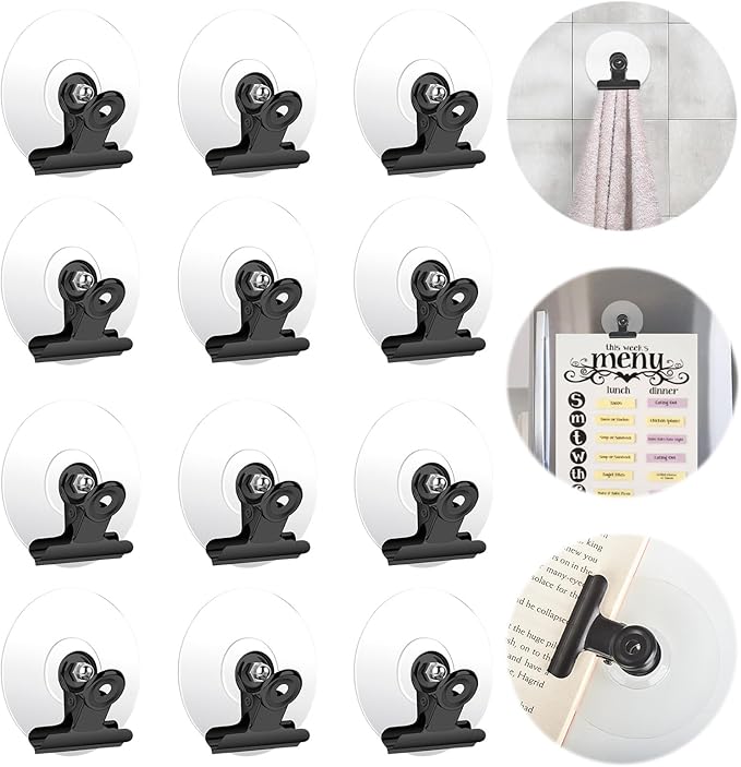 Self Adhesive Metal Clips, 12 Pcs Upgrade Strong self-Adhesive Clips for Hanging and Organization, Spring Clip for Paper Poster Tapestry Photo Wall Teacher Student Home Kitchen Office, Black