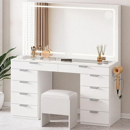 DWVO Vanity Desk, Glass Top Vanity with Charging Station, 46" Makeup Table with 10 Drawers & Storage Stool