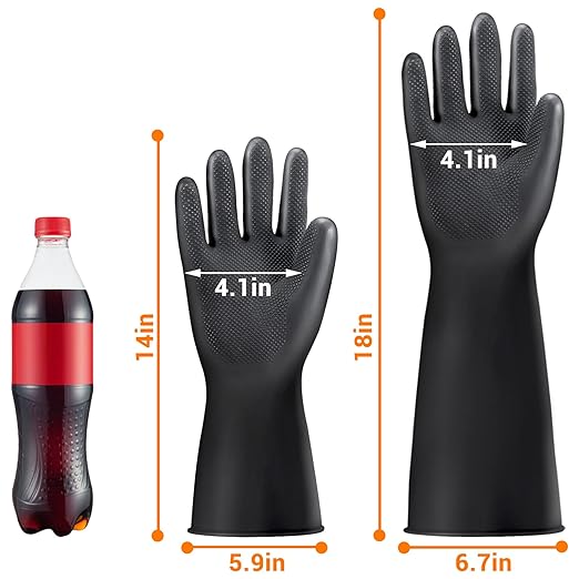 Chemical Resistant Latex Gloves, Black 1 Pair 14" Large Heavy Duty Industrial Rubber Gloves for Dishwashing, Waterproof Cleaning Protective Safety Work, Oil/Acid/Alkali Resistant
