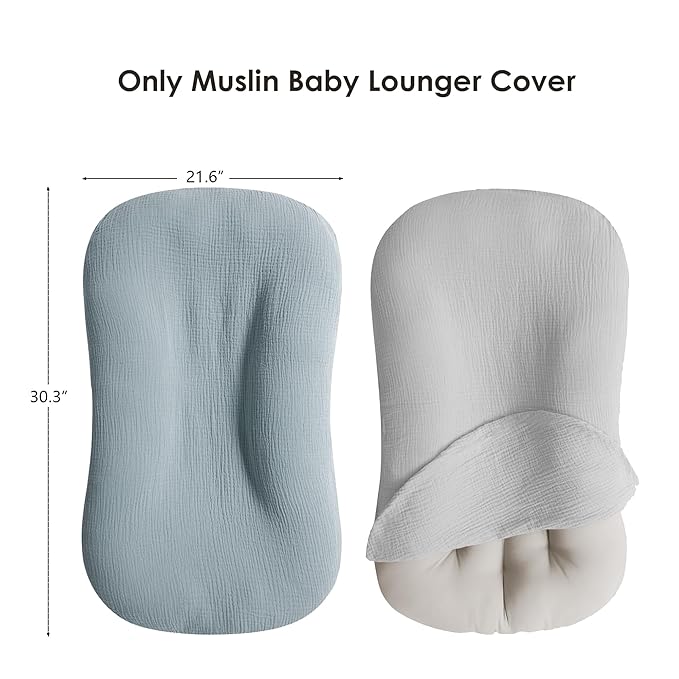 Muslin Baby Cover for Newborn, Soft and Breathable 100% Cotton Lounger Slipcover Neutral, Pack of 2(Blue, Grey)