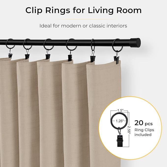 INOVADAY 100% Blackout Curtains for Bedroom, Black Out Curtains 90 Inch Long, Clip Rings Linen Blackout Drapes, Thermal Insulated Room Darkening for Living Room, 2 Panels - Burlywood Birch,W50xL90