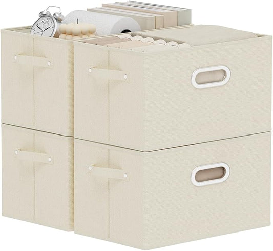 Foldable Cloth Basket with 4 Handles, Decorative Open Storage Boxes, Stackable Cube Organization, Fabric Bins for Shelves, Closet, Living Room, 13x9.1x7.9in, Beige, 4 Pack