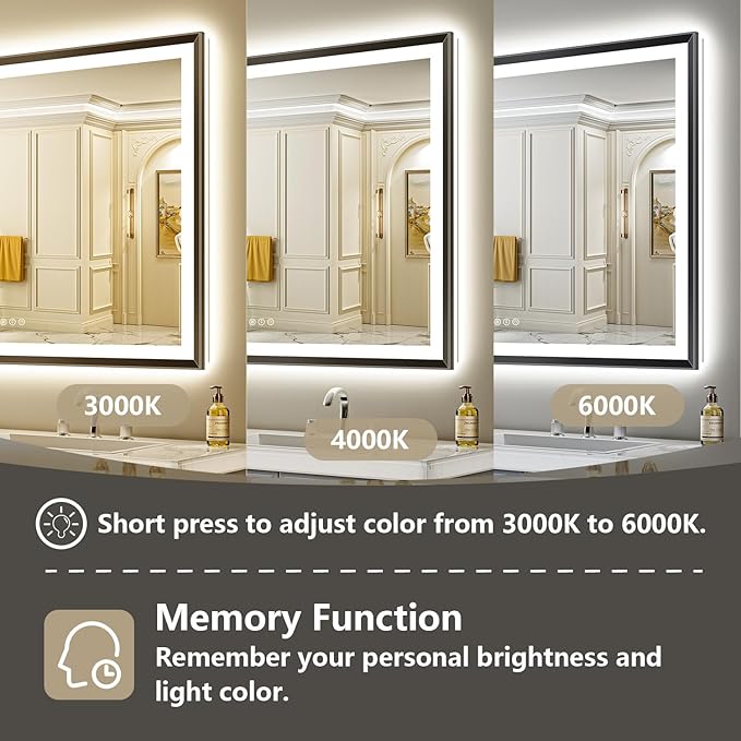 48x36 Black Framed LED Bathroom Mirror with Lights, Backlit and Front Light, Lighted Bathroom Vanity Mirror for Wall Dimmable Anti-Fog Memory Tempered Glass Horizontal/Vertical
