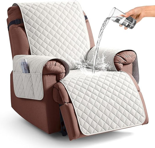 KinCam 100% Waterproof Recliner Chair Cover, Reclining Couch Covers for Pets, Dogs, Recliner Couch Slipcover Furniture Protector with Elastic Straps for Kids(30", Beige White)