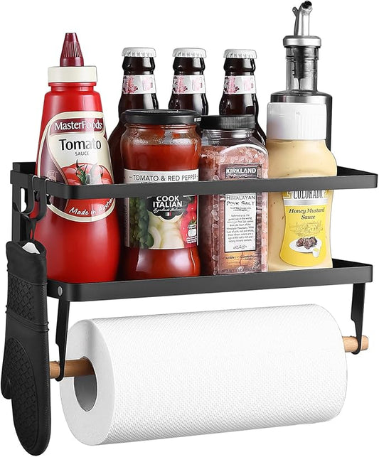 Magnetic Shelf with Paper Towel Holder for Fridge/Washing Machine/Garage, Magnet Kitchen Spice Rack for Refrigerator, Wall Mount Storage Organizers (Black)