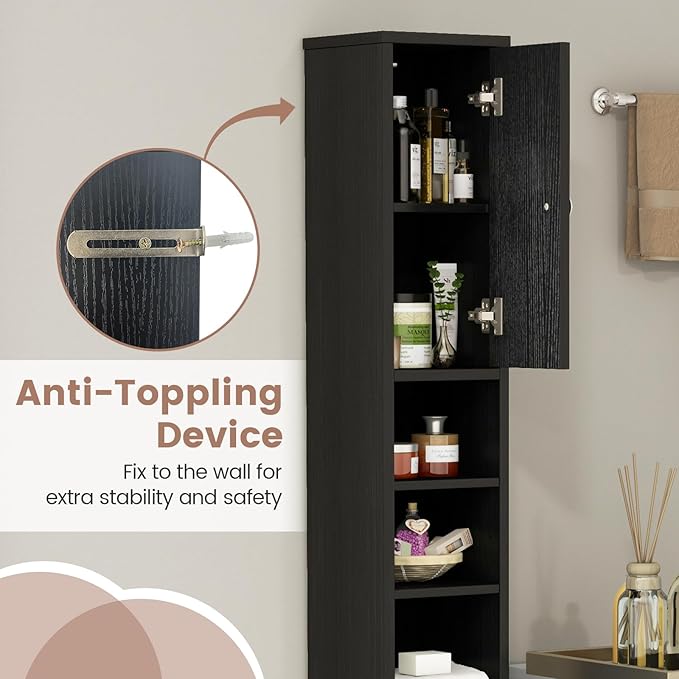 SIMOE Tall Bathroom Storage Cabinet, 8" Slim Narrow Floor Cabinet with 5 Adjustable Shelves & Drawer, 32.5lbs Heavy-Duty 71" Freestanding Skinny Linen Tower for Small Spaces, Moisture-Proof, Black