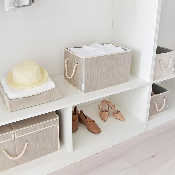 Pack of 2 Storage Bins Closet Organizer System, Sturdy Foldable Storage Boxes for Organizing Clothing, Books - Shelf Organizer Shelves Basket Storage Bin with Handles Clay