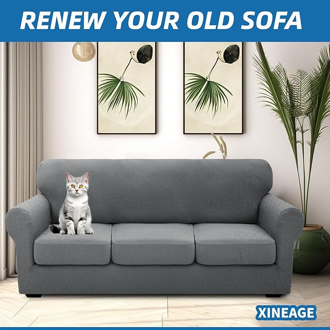 XINEAGE 2025 New 4 Pieces Extra Large Couch Covers for 3 Cushion Sofa Super Stretch Sofa Cover for 3 Large Seat Cushion Universal Slip Cover for Living Room (Light Gray), 91"-110"(3 Cushions)