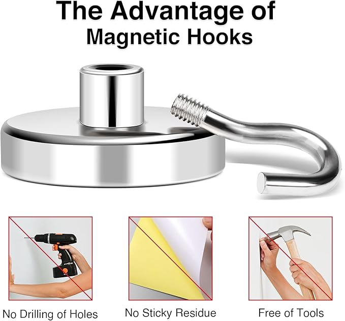 MIKEDE Magnetic Hooks Heavy Duty, 170LB+ Rare Earth Neodymium Magnet Hooks with Epoxy Coating, Extra Strong Cruise Hooks for Hanging, Magnetic Hook Hanger for Cabins, Grill, Garage - 6 Pack