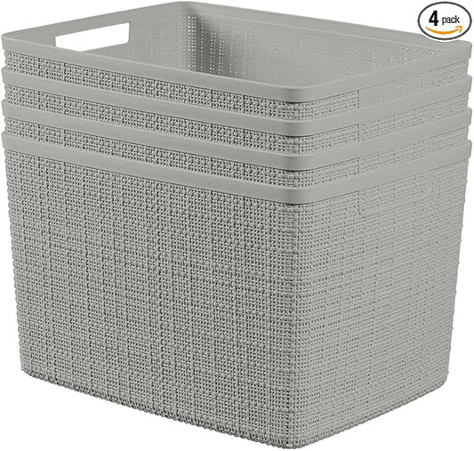 Curver Set of 4 Jute Large Decorative Plastic Organization and Storage Baskets, Perfect Bins for Home Office, Closet Shelves, Kitchen Pantry and All Bedroom Essentials, Grey