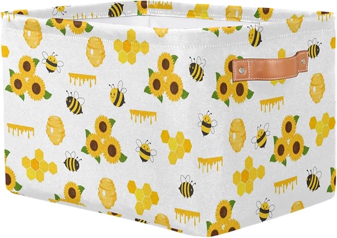 Rectangle Storage Baskets for Organizing - Foldable Storage Bin Cubes with Handles, Large Organizer Bins Boxes Toy Closet Shelf Nursery Laundry Basket, 1 Pcs(Bee Sunflower)