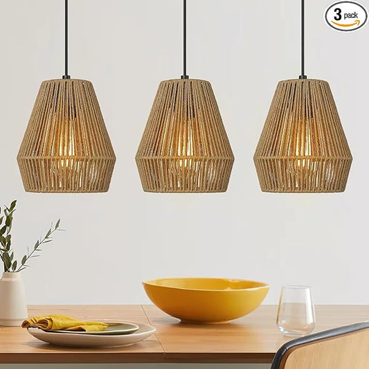 ELYONA 3 Pack Woven Pendant Lights, 7” Modern Boho Hanging Lamp with Handwoven Woven Rattan Shade, Adjustable Farmhouse Coastal Pendant Light Fixtures for Kitchen Island,Dining Room,Bar, Foyer Hallway