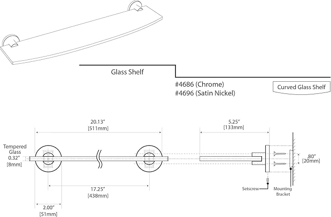 Gatco 4686 Channel Glass Shelf, Chrome/Wall Mounted 20.13" X 5.25" Tempered Glass/Floating Rectangle Glass Shelf for Bathroom
