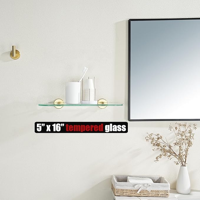 JQK Bathroom Glass Shelf Gold, Tempered Glass Shower Storage 16 by 5 inches, 304 Stainless Steel Brushed Gold Wall Mount, TGS121L16-BG