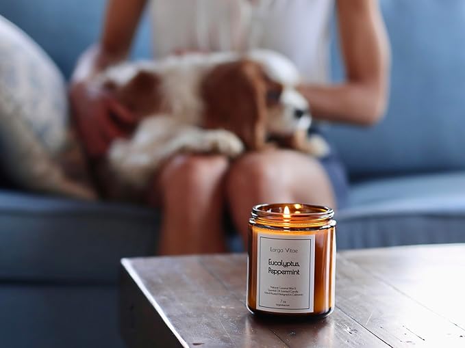Eucalyptus, Peppermint Coconut Wax Candle Non Toxic Aromatherapy Candle with Essential & Prime Rated Natural Fragrance Oils, Clean Burning Amber Jar Candle, 7 oz Small Batched