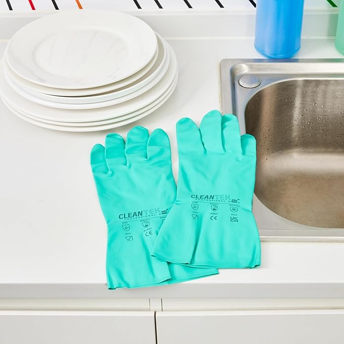 Green Cleaning Gloves 10 Pairs 15 Mil Thick Extra Large Heavy-Duty Nitrile Gloves With Long Cuff No-Latex Flock Lining For Use In Hospitals, Commercial Kitchens and Households