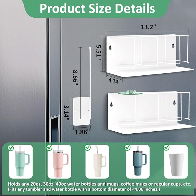 Magnetic Cup Holder for Fridge Water Bottle Organizer for Cabinet, 2Pcs Magnetic Cup Holder Heavy Duty with Tumbler Lid Organizer for 20oz 30oz 40oz Cup Accessories Storage (White)
