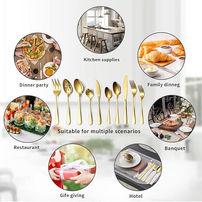 Kyraton Gold Silverware Set 45 Pieces Service for 8,Titanium Golden Plating Flatware Sets Cutlery Set, Spoons and Forks Silverware Dishwasher Safe, First Apartment Must Haves Utensils Set