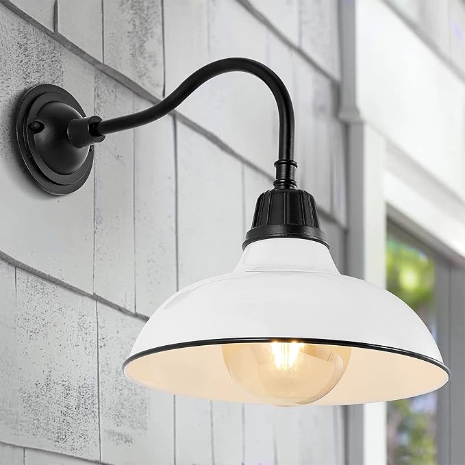 JONATHAN Y JYL7613A Aurora 12.25" 1-Light Farmhouse Industrial Indoor/Outdoor Iron LED Gooseneck Arm Outdoor Sconce Metal Bowl Shade Vintage Cottage Rustic Porch Patio Yard Barn, White