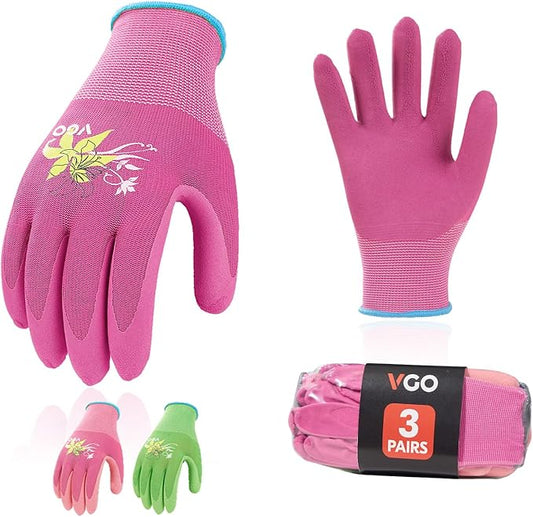 Vgo... 3-Pairs Ladies' Foam Latex Coating Gardening and Work Gloves (Size L, Green & Pink & Purple, RB6013)