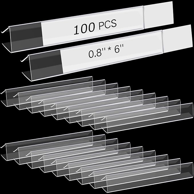 Teling 100 Pieces Shelf Label Holder, Clear Plastic 0.875'' x 6'' Shelves Clip Wood Tags Ticket Sign Label Metal Holders for 0.75'' Thick Shelves Includes Matched Blank Inserts Offices Libraries