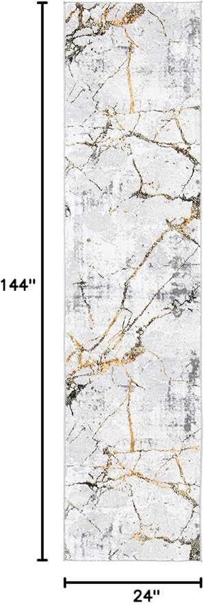 SAFAVIEH Amelia Collection Runner Rug - 2' x 12', Grey & Gold, Modern Abstract Design, Non-Shedding & Easy Care, Ideal for High Traffic Areas in Living Room, Bedroom (ALA293G)