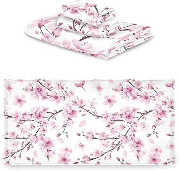 Cherry Blossoms Flowes Towels Set of 3 Watercolor Pink Floral Sakura Branch Bathroom Towel Soft Absorbent Bath Hand Towels Washcloth Guest Towel Sets Bathroom Decorations