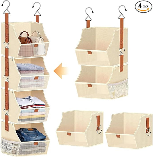 Fabric 4 Tier Hanging Closet Organizer Heavy Duty Beige Shelf Hanging Storage Towel Clothes Sweater Jeans Bag Organizer For Closet For Bedroom, Dorm, RV, See Through Front Panel, Space-Saving