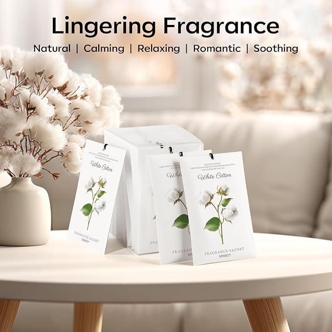 MYARO 12 Packs Scent Sachets for Closet Clothes Storage - White Cotton Fragrance Long Lasting Home Air Freshener Odor Deodorizer