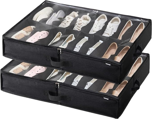 VEVOR Under Bed Shoe Storage Organizer, Set of 2, Total 32 Compartments, Underbed Shoes Closet Storage Solution with Clear Window, Breathable, Foldable Fabric Container Box with Reinforced Handles