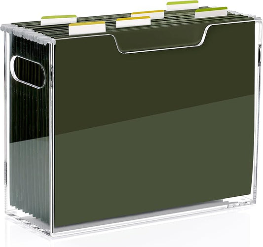 DINGHUO Hanging File Box, Letter Size Acrylic Hanging File Organizer, Clear Portable File Storage Box with Handle, File Folder Holder for Desk Home Office School -1 Pack