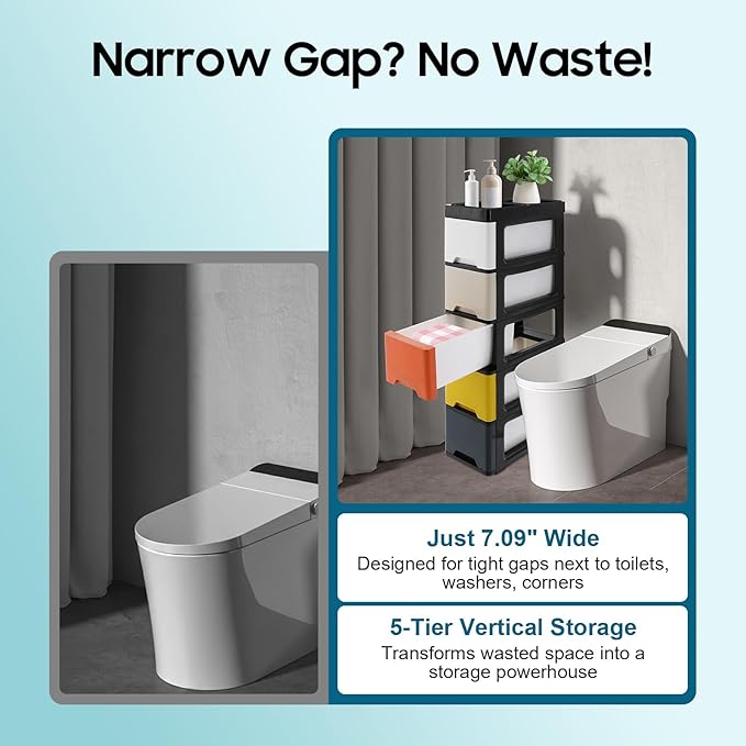 Narrow Plastic Drawers Cabinet, Multi-functional Plastic Tower Organizer with Wheels for Small Space Bathroom Bedroom Kitchen Offices Dormitory, 7 * 15 * 33in (Colorful A)