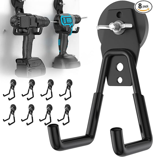8Pcs Large Strong Magnetic Hooks Heavy Duty Garage Big Magnet Hooks Extra Strength Magnetic Utility Storage Hook Hanger with Anti Slip Coating for Garden Indoor Outdoor Hanging Tools Black
