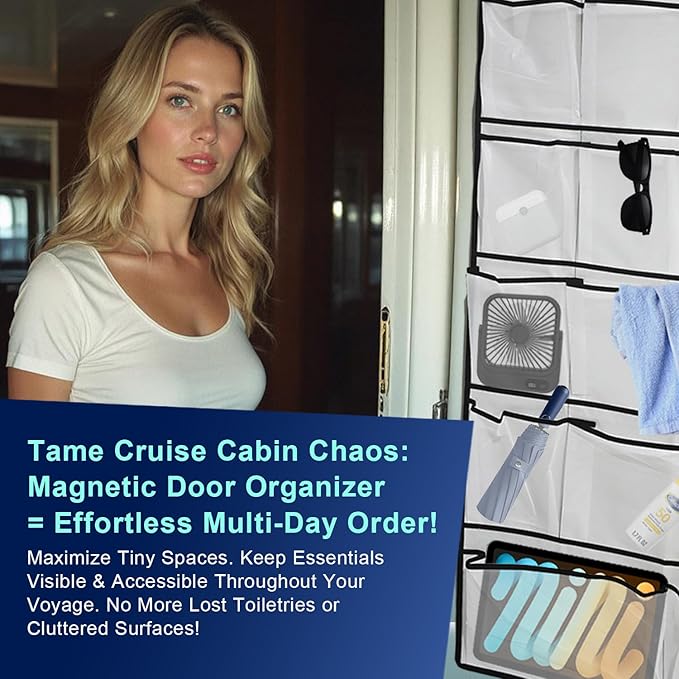 Magnetic Cruise Door Organizer – 13-Pocket Hanging Storage with 2 Large Shoe Pockets, No Hook Needed, Includes 3 Bonus Hooks, 2025 Cruise Ship Essentials for Cabin, Bathroom, or Closet Use
