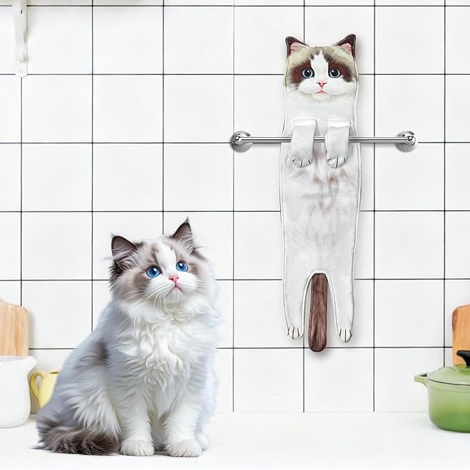 PAT JUUMG Funny Ragdoll Cat Hand Towels for Bathroom Kitchen, Cute Home Decorative Hanging Face Towels, Super Absorbent Soft, Cat Lovers Gifts for Women, Housewarming Gift