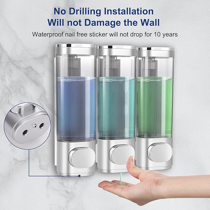 6pcs Shampoo and Conditioner Dispenser No Drill Shower soap Dispenser Wall Mounted 3 Chamber for Bathroom, Kitchen,Hotel Pumps are Easy to use No leaks (Silver)