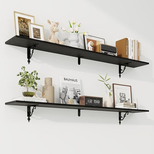 RICHFOCUS Floating Shelves for Wall Decor, 55.1W x 8D Shelves Set of 2, 8 Inch Deep Rustic Wood Shelves Wall Mounted with Brackets, Long Floating Shelves for Living Room Bedroom Kitchen, Black