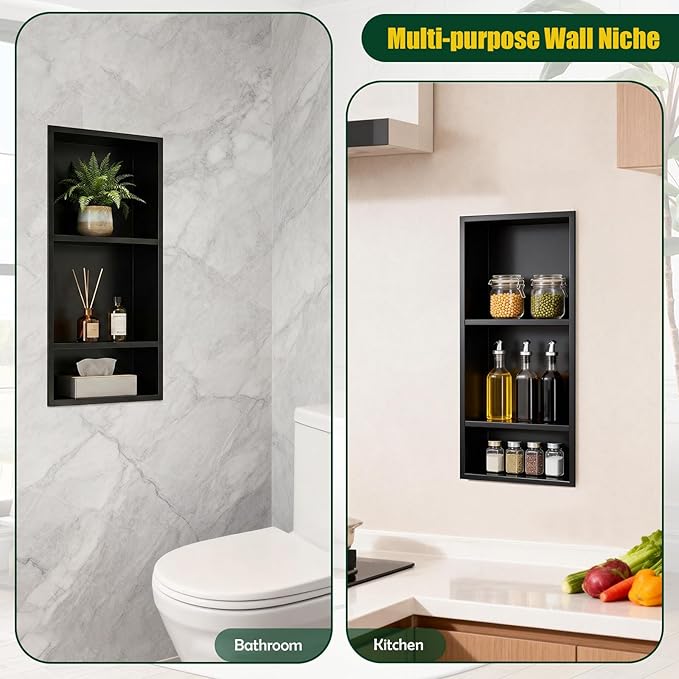 EasyVibe 3-Tier Matte Black 304 Stainless Steel Shower Niche 30 x 12 Inch, No Tile Needed Triple Shelf Recessed Wall Organizer, Pre-Finished Large Storage Insert for Shower & Kitchen