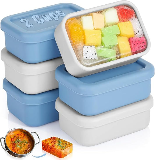 6 Packs Silicone Soup Freezer Molds with Lid Silicone Soup Freezer Trays Rectangle Reusable Food Preserving Tray Freezing Sauces Stews (Dark Blue, High-grade Gray,2 Cup)