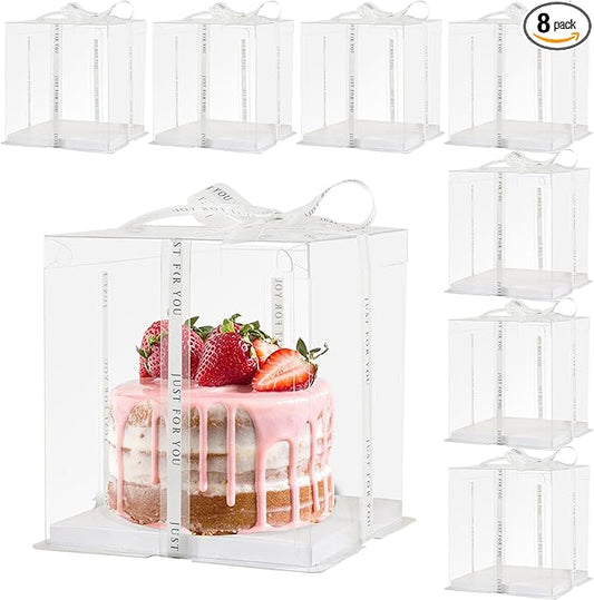 8Pcs Tall Cake Boxes Clear Box with Ribbon, 8x8x9 inch, for 6" cajas para pasteles Tiered Cakes,Transport Gift Boxes for Wedding Valentine'Day and Gift Display. (Clear, 8 * 8 * 9 inch/8pcs)