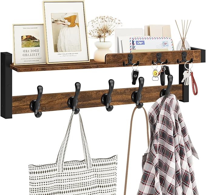 Homode Coat Rack Wall Mount with Shelf, Entryway Coat Hanger with Key Hooks and Mail Holder, 29 Inch Wood Floating Shelf with Hooks and Storage, Key Holder Mail Organizer, Rustic Brown