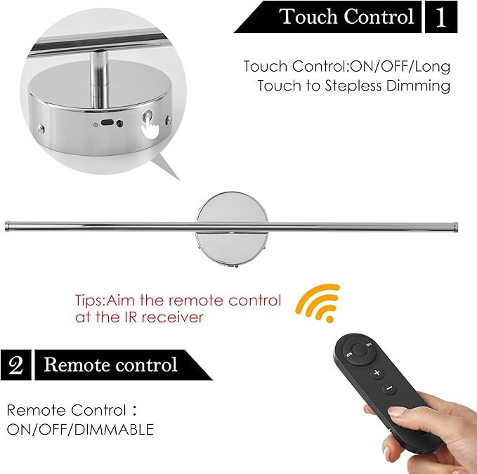 Battery Operated Wall Sconces with Remote Control, Dimmable Wall Sconces Set of Two, 350°Rotate, 3000K LED Chrome Wireless Wall Light for Living Room, Bedroom,Hallway, 32.2 Inch (2 Pack)