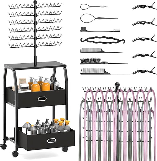 Portable Braiding Hair Rack With Wheels & Storage Drawers,168 Pegs Hair Extension Holder Hanger for Braiding Hair Separator Stand Display,Hair rack with stylist hair braiding tools(black)