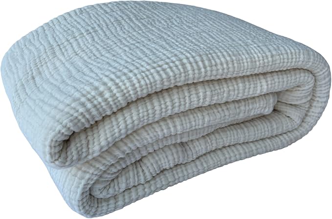 100% Cotton Muslin Throw Blanket, 4 Layers Bedspread, Soft Turkish Cotton Muslin Bed Cover, Reversible Coverlet, Ivory (King Size 95x102-230x260cm)