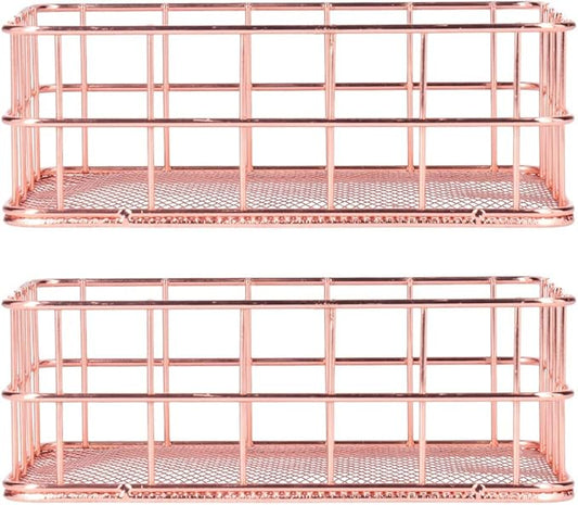 2PCS Nordic Simple Rose Gold Wrought Iron Storage Basket Desktop Organizer Container Household Storage Organizer for Living Room Bathroom Office Durable Iron Material Stylish Decor (Small Size)