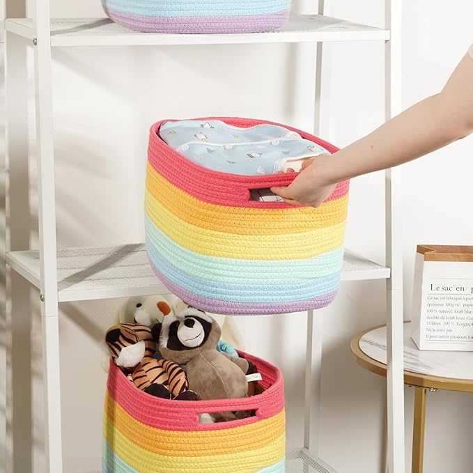 Temary Woven Baskets for Storage 3 Pack Storage Baskets for Organizing, Rectangle Decorative Rope Baskets for Storage Clothes, Towels, Storage Bins with Handles (Rainbow, 13"x9.8"x8.5")