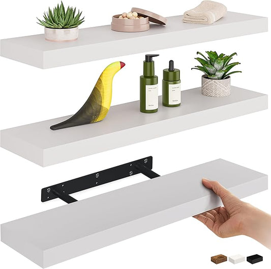 Ballucci Floating Shelves for Wall, 24" Wood Wall Shelf Set of 3, Invisible Brackets Floating Shelf, Decor Living Room, Bathroom, Bedroom, Kitchen, 6" Depth, White