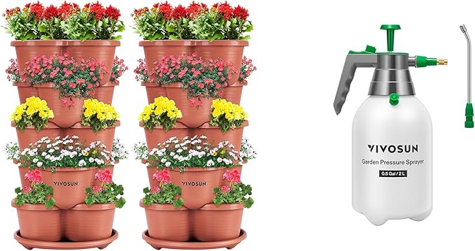2-Pack 5 Tier Vertical Gardening Stackable Planter and 0.5Gal Handheld Garden Sprayer, 2L Pump Sprayer, 68 Oz Water Spray Bottle with Safety Valve, Adjustable Nozzle